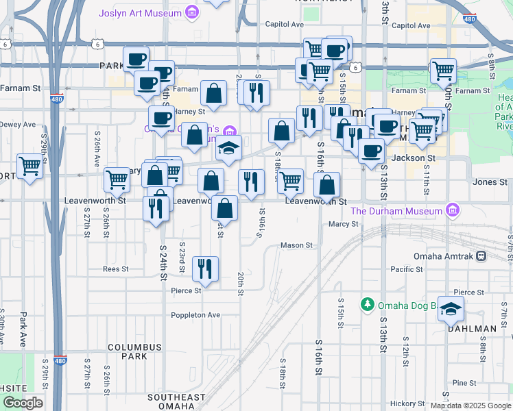 map of restaurants, bars, coffee shops, grocery stores, and more near 822 South 19th Street in Omaha