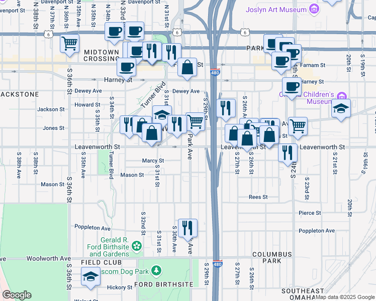 map of restaurants, bars, coffee shops, grocery stores, and more near 804 Park Avenue in Omaha