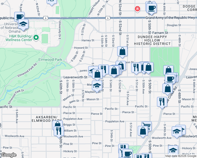map of restaurants, bars, coffee shops, grocery stores, and more near 5514 Marcy Street in Omaha