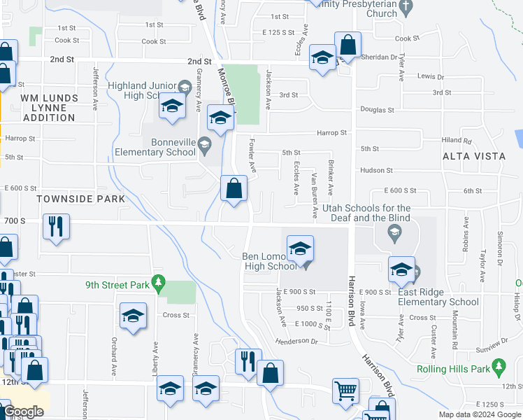 map of restaurants, bars, coffee shops, grocery stores, and more near 697 Marco Lane in Ogden