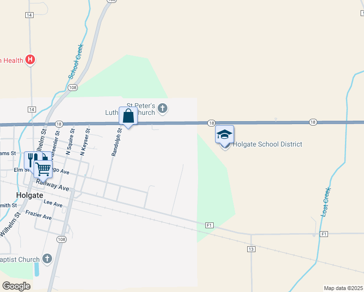 map of restaurants, bars, coffee shops, grocery stores, and more near 801 Joe E Brown Avenue in Holgate