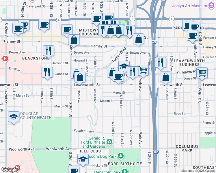 map of restaurants, bars, coffee shops, grocery stores, and more near 3216 Marcy Street in Omaha