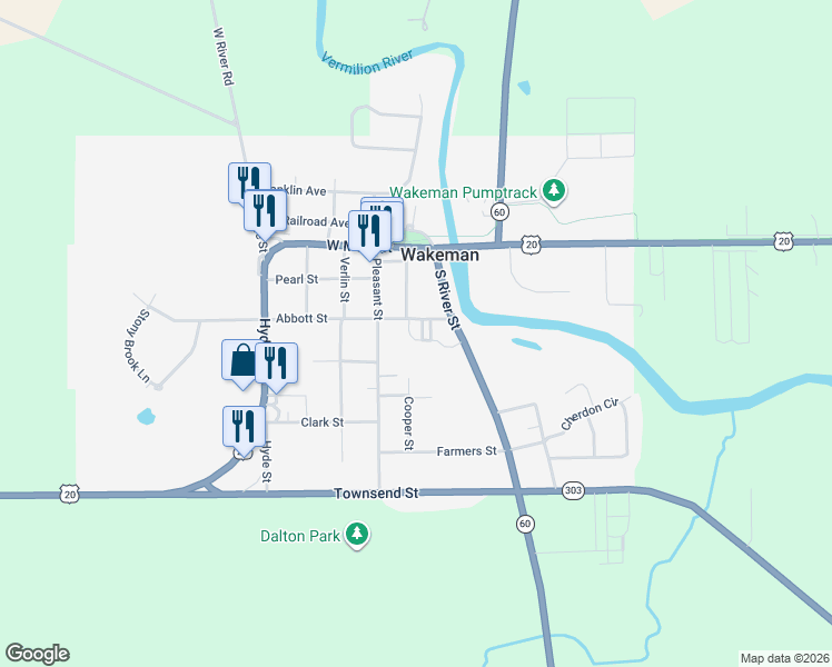map of restaurants, bars, coffee shops, grocery stores, and more near 43 Pleasant Street in Wakeman