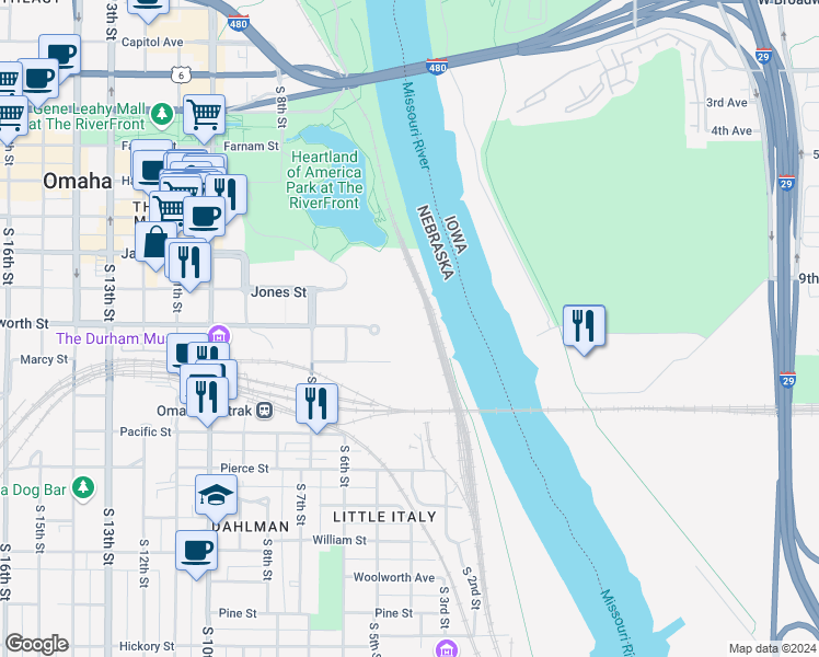 map of restaurants, bars, coffee shops, grocery stores, and more near 505 Marcy Street in Omaha
