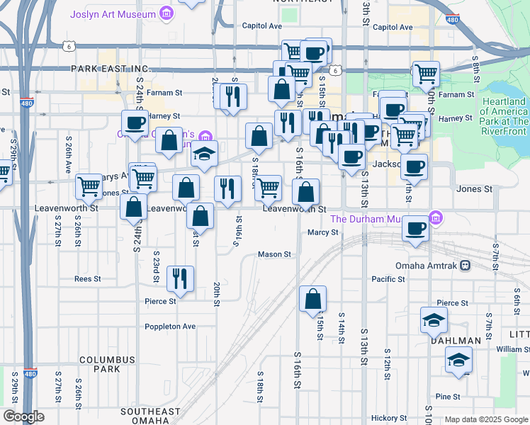 map of restaurants, bars, coffee shops, grocery stores, and more near 905 S 19th St in Omaha