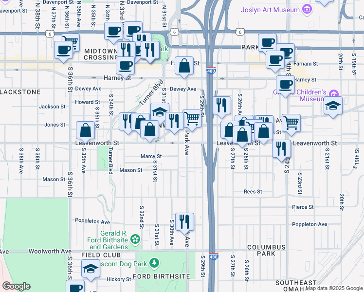 map of restaurants, bars, coffee shops, grocery stores, and more near 826 Park Avenue in Omaha