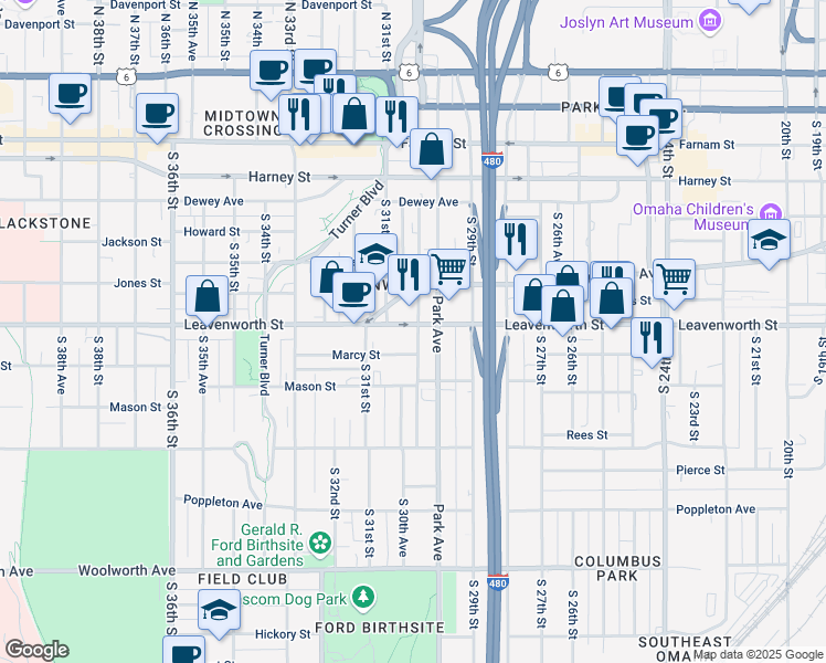 map of restaurants, bars, coffee shops, grocery stores, and more near 826 Park Avenue in Omaha
