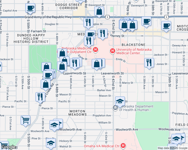map of restaurants, bars, coffee shops, grocery stores, and more near 4343 Marcy Street in Omaha