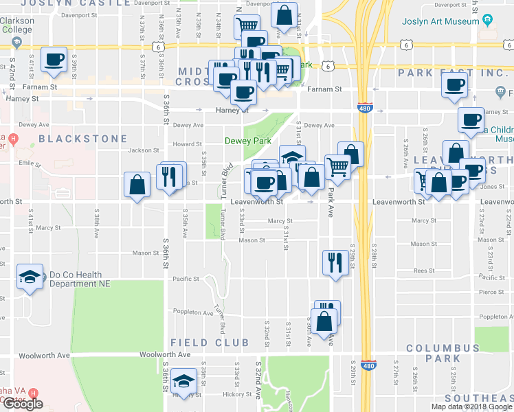 map of restaurants, bars, coffee shops, grocery stores, and more near 3205 Leavenworth Street in Omaha