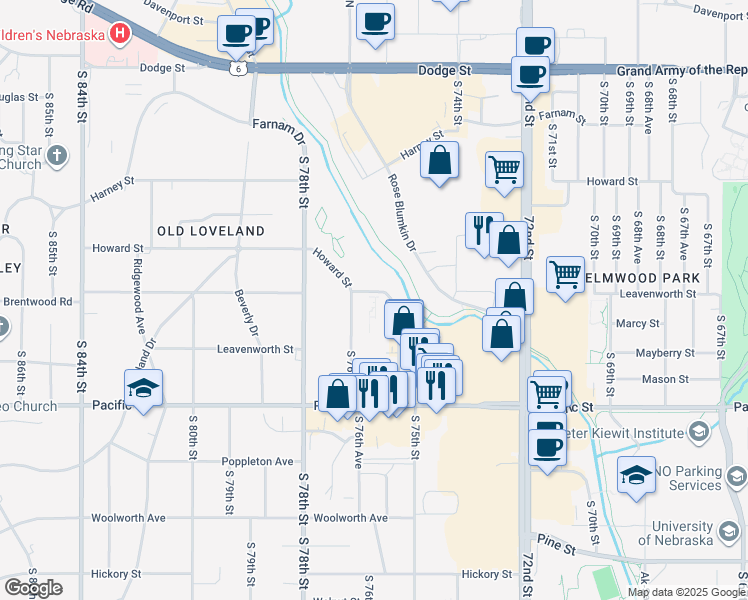 map of restaurants, bars, coffee shops, grocery stores, and more near 7515 Howard Street in Omaha