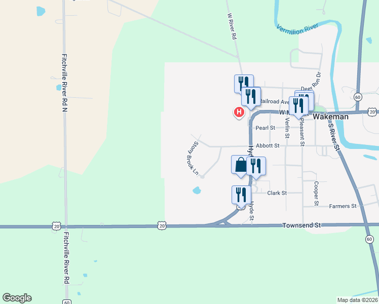 map of restaurants, bars, coffee shops, grocery stores, and more near 45 Stony Brook in Wakeman