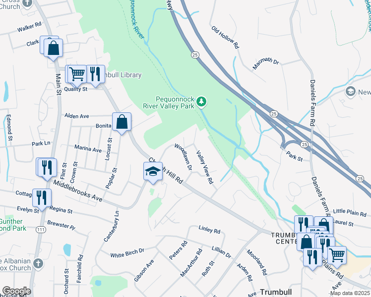 map of restaurants, bars, coffee shops, grocery stores, and more near 38 Woodlawn Drive in Trumbull
