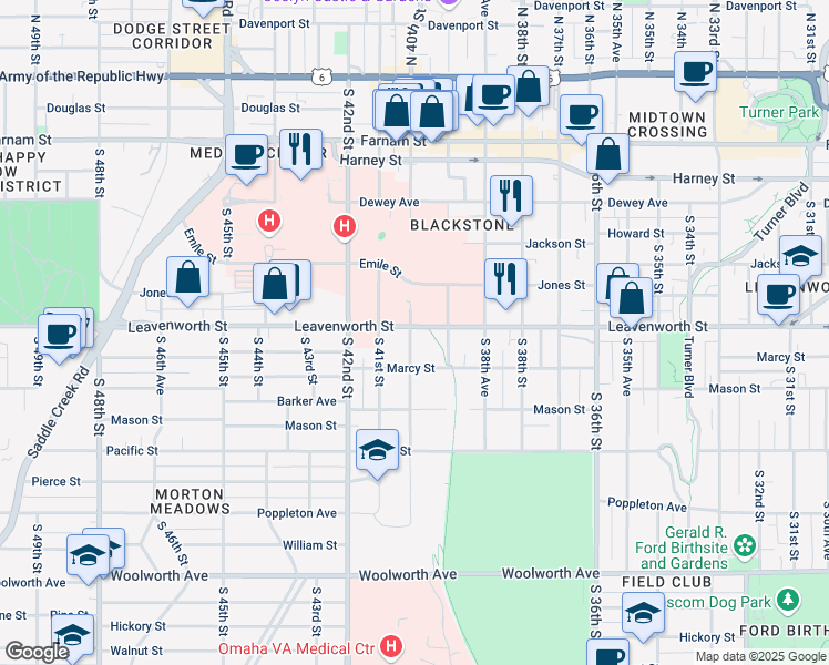 map of restaurants, bars, coffee shops, grocery stores, and more near 3939 Leavenworth Street in Omaha
