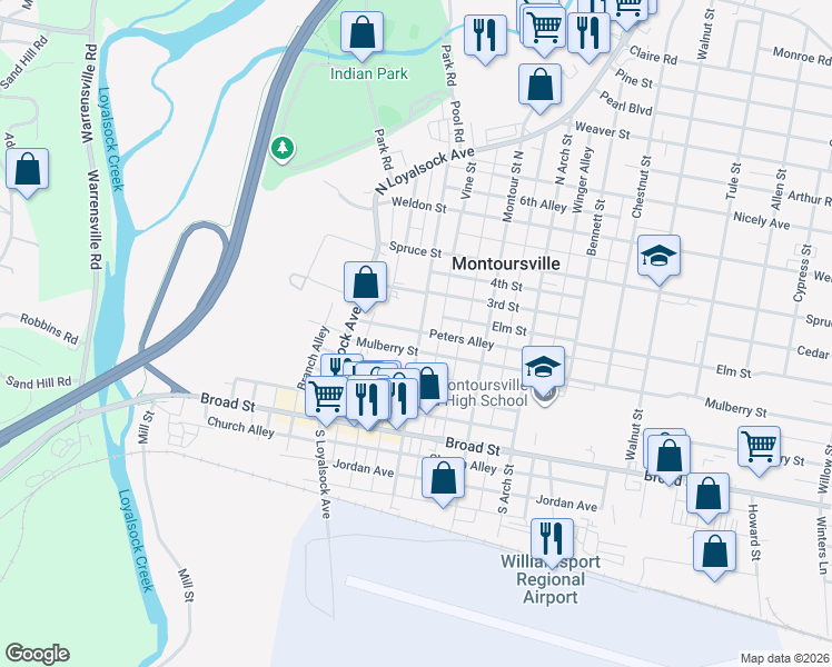 map of restaurants, bars, coffee shops, grocery stores, and more near 116-198 Lloyd Alley in Montoursville