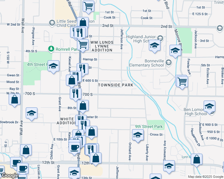 map of restaurants, bars, coffee shops, grocery stores, and more near 581 East 700 South in Ogden