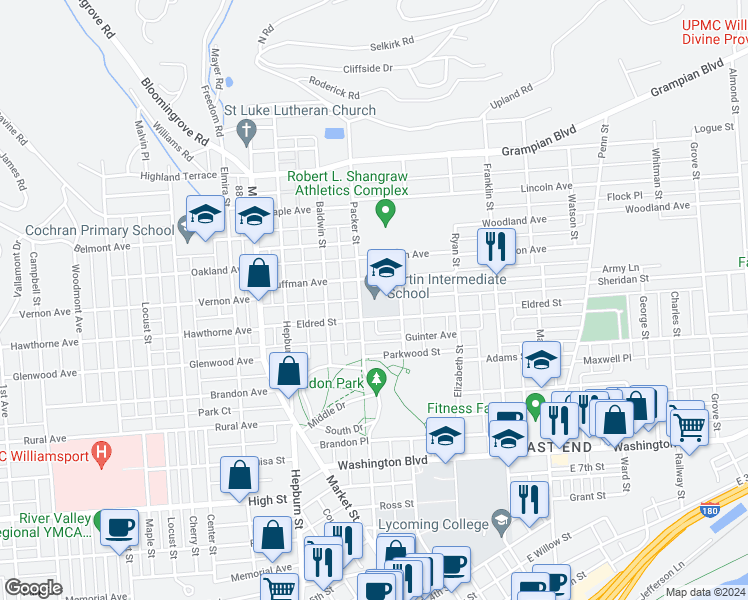 map of restaurants, bars, coffee shops, grocery stores, and more near 85 Eldred Street in Williamsport