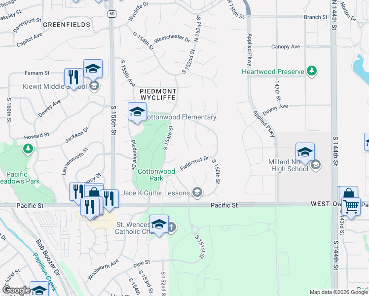 map of restaurants, bars, coffee shops, grocery stores, and more near 705 South 153rd Circle in Omaha