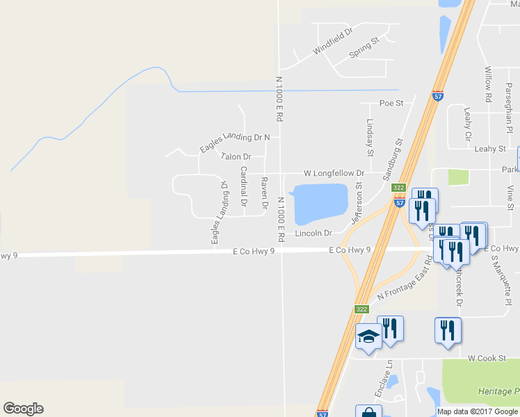 map of restaurants, bars, coffee shops, grocery stores, and more near 275 Raven Drive in Manteno