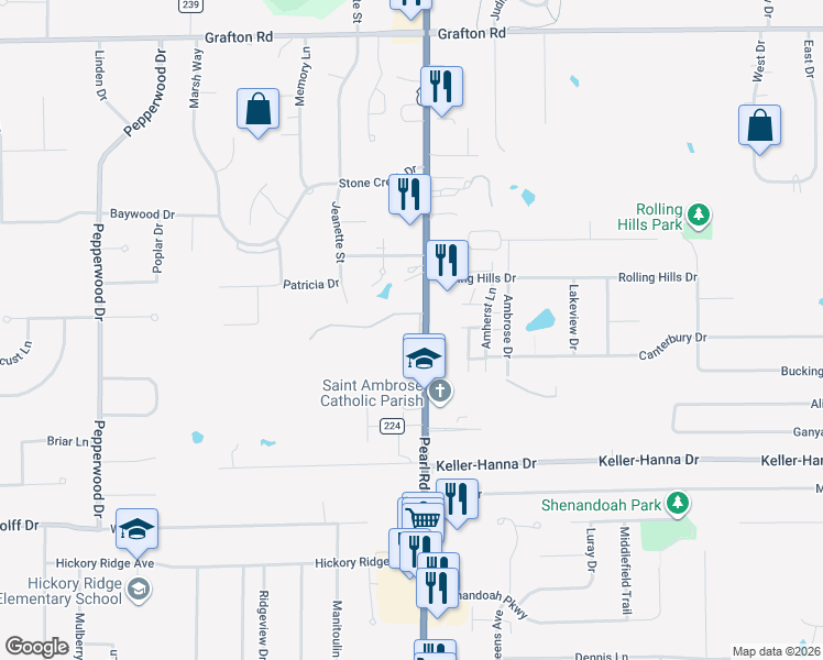map of restaurants, bars, coffee shops, grocery stores, and more near 812 Pearl Road in Brunswick