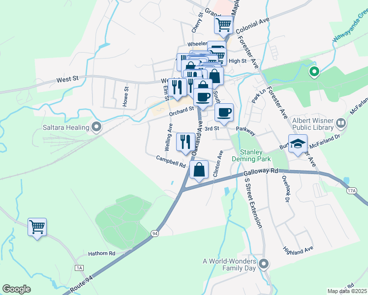 map of restaurants, bars, coffee shops, grocery stores, and more near 5 Oakland Court in Warwick