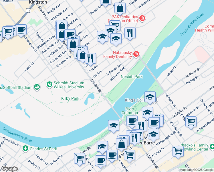 map of restaurants, bars, coffee shops, grocery stores, and more near 39 South Dawes Avenue in Kingston