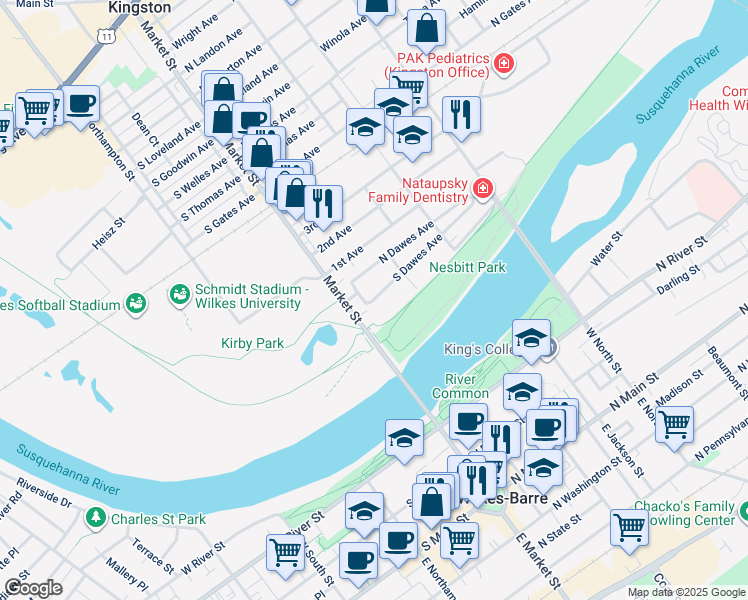 map of restaurants, bars, coffee shops, grocery stores, and more near 39 South Dawes Avenue in Kingston