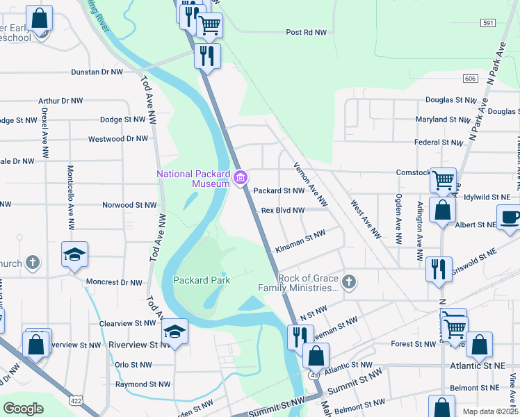 map of restaurants, bars, coffee shops, grocery stores, and more near 833 Packard Street Northwest in Warren