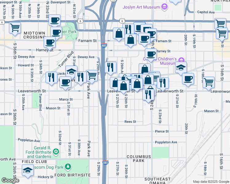 map of restaurants, bars, coffee shops, grocery stores, and more near in Omaha