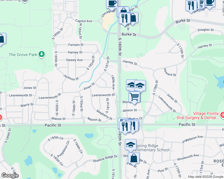 map of restaurants, bars, coffee shops, grocery stores, and more near 583 South 180th Terrace in Omaha