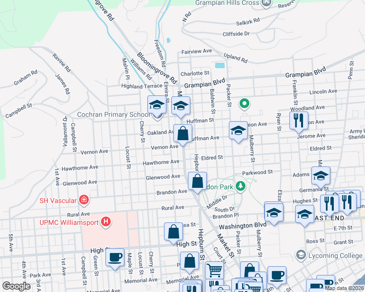 map of restaurants, bars, coffee shops, grocery stores, and more near 304 Vernon Avenue in Williamsport