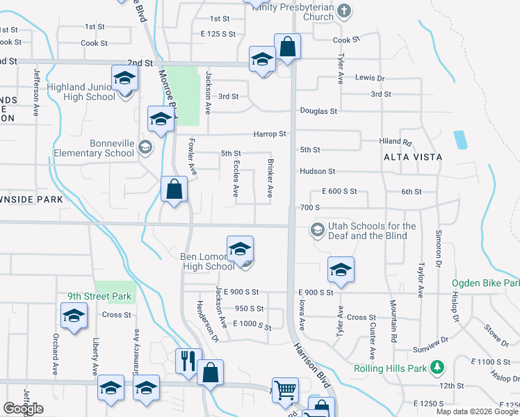 map of restaurants, bars, coffee shops, grocery stores, and more near 660 Van Buren Avenue in Ogden