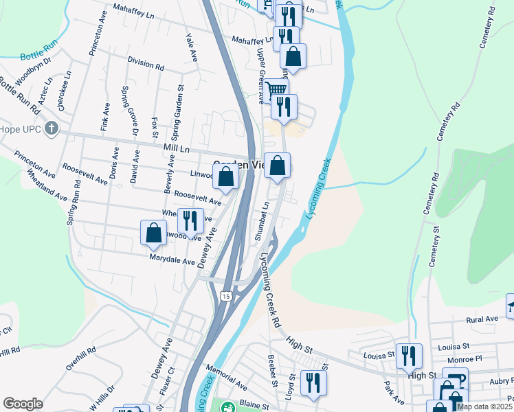 map of restaurants, bars, coffee shops, grocery stores, and more near 1802 Upper Green Avenue in Williamsport