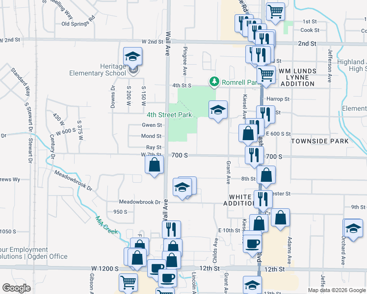 map of restaurants, bars, coffee shops, grocery stores, and more near 142 7th Street in Ogden