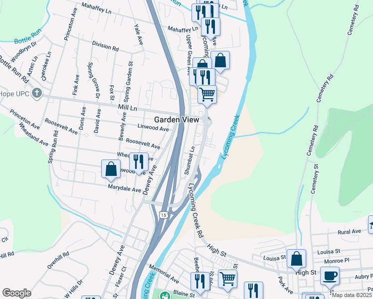 map of restaurants, bars, coffee shops, grocery stores, and more near 1802 Upper Green Avenue in Williamsport