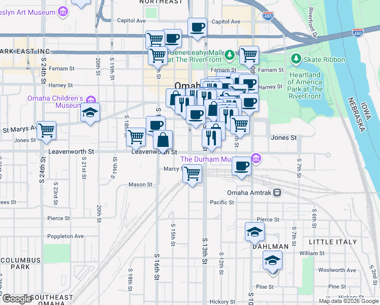 map of restaurants, bars, coffee shops, grocery stores, and more near 802 South 14th Street in Omaha