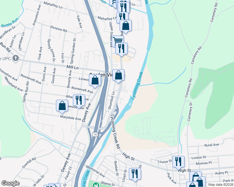 map of restaurants, bars, coffee shops, grocery stores, and more near 1821-1899 Shumbat Street in Williamsport