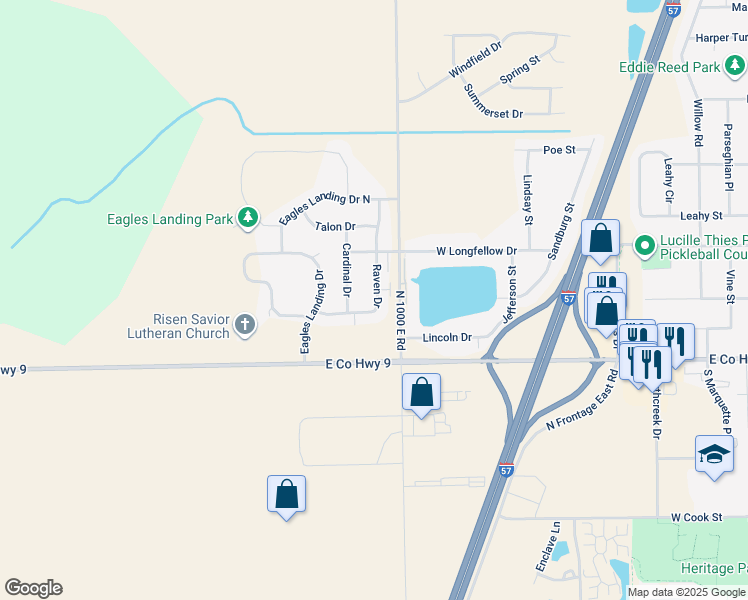 map of restaurants, bars, coffee shops, grocery stores, and more near 275 Raven Drive in Manteno