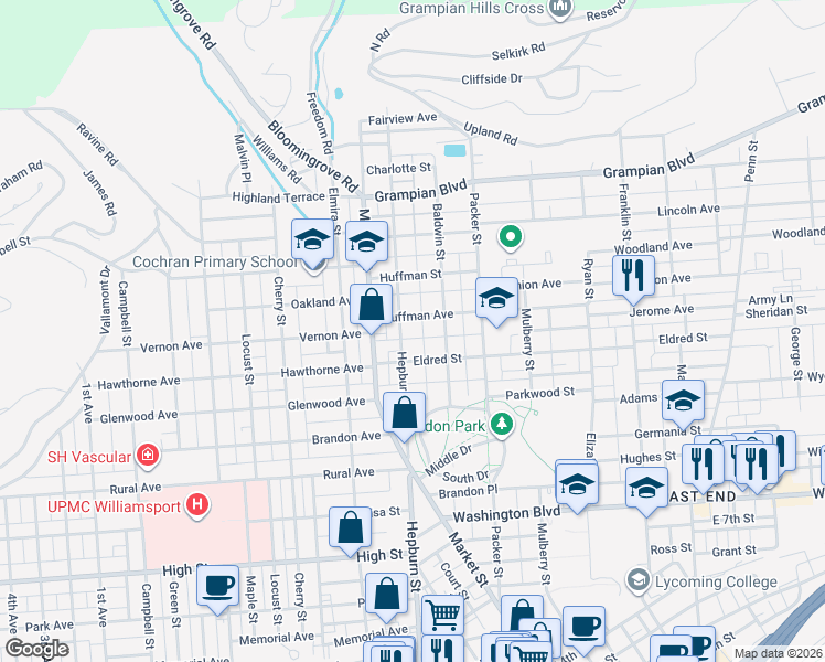 map of restaurants, bars, coffee shops, grocery stores, and more near 17-31 Huffman Avenue in Williamsport