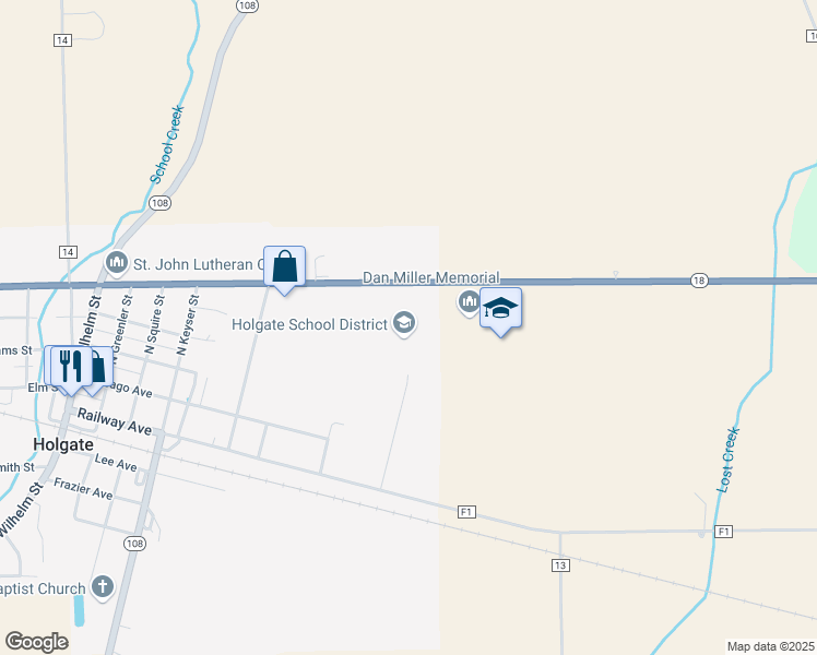 map of restaurants, bars, coffee shops, grocery stores, and more near 801 Joe E Brown Avenue in Holgate