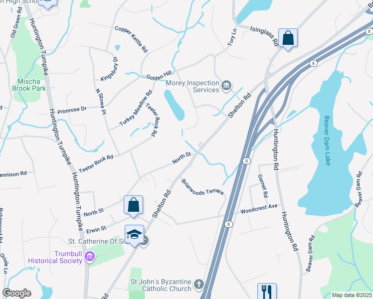 map of restaurants, bars, coffee shops, grocery stores, and more near 36 North Street in Trumbull