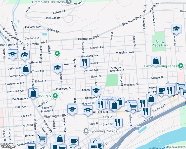 map of restaurants, bars, coffee shops, grocery stores, and more near 301-343 Jerome Avenue in Williamsport