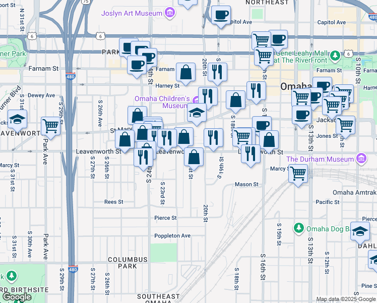 map of restaurants, bars, coffee shops, grocery stores, and more near 2010 Leavenworth St in Omaha