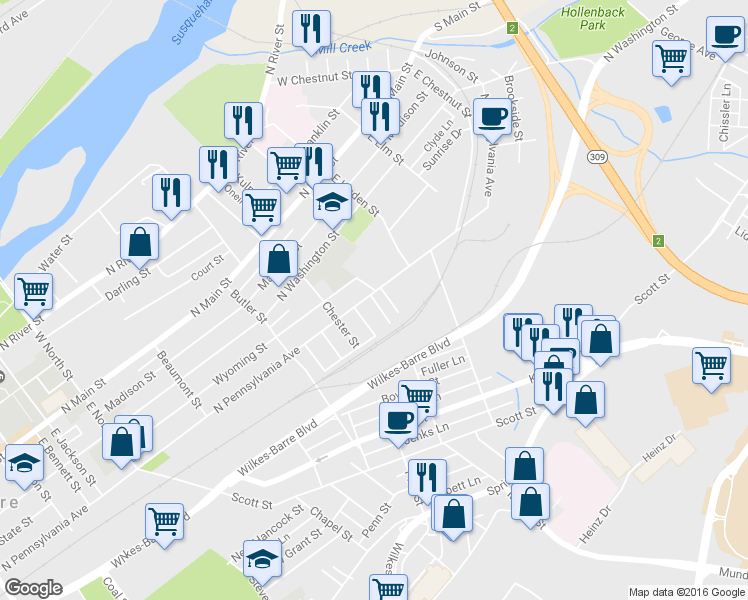 map of restaurants, bars, coffee shops, grocery stores, and more near 27 Harry Street in Wilkes-Barre