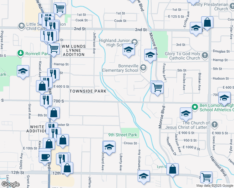 map of restaurants, bars, coffee shops, grocery stores, and more near 641 South Plum Creek Lane in Ogden