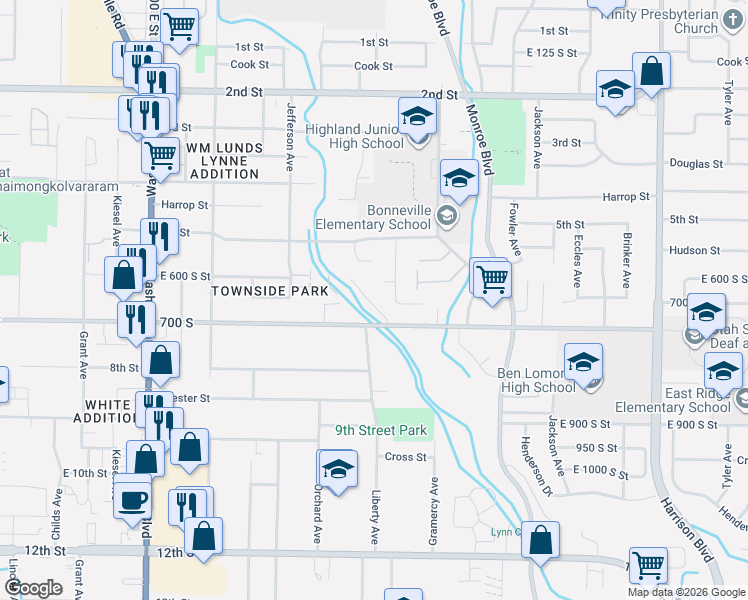 map of restaurants, bars, coffee shops, grocery stores, and more near 662 Plum Creek Lane in Ogden