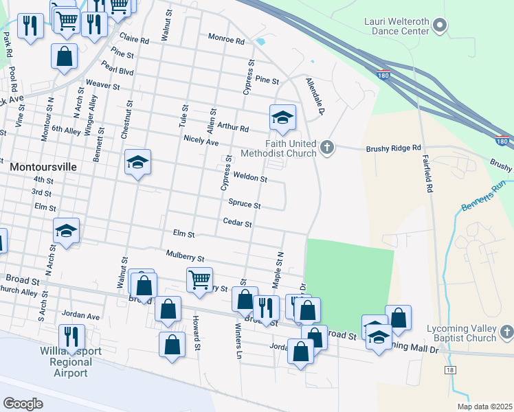 map of restaurants, bars, coffee shops, grocery stores, and more near Willow St in Montoursville