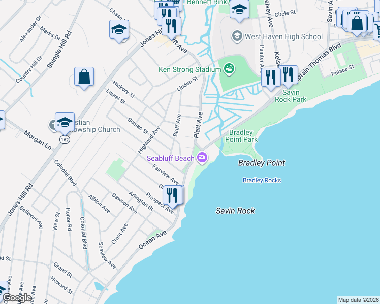 map of restaurants, bars, coffee shops, grocery stores, and more near 12 Platt Avenue in West Haven