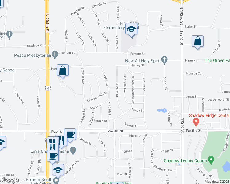 map of restaurants, bars, coffee shops, grocery stores, and more near 658 South 197th Street in Omaha
