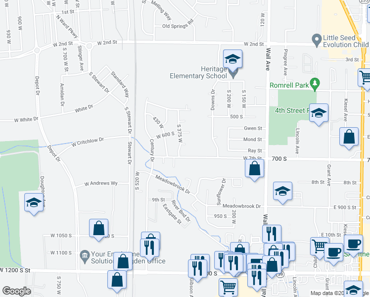 map of restaurants, bars, coffee shops, grocery stores, and more near 357 West 650 South in Ogden