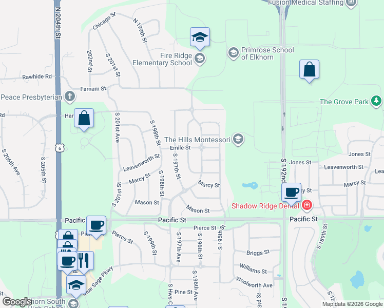 map of restaurants, bars, coffee shops, grocery stores, and more near 633 South 196th Avenue in Omaha